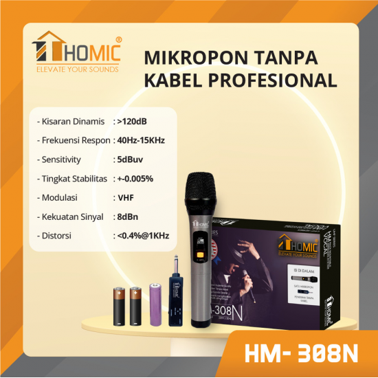 Homic HM-308N Microphone Profesional Mic Wireless Bisa di Charger