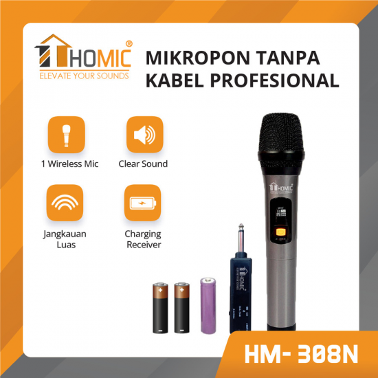 Homic HM-308N Microphone Profesional Mic Wireless Bisa di Charger