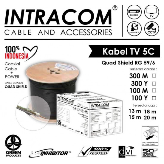 Kabel Antena Tv 100Meter+ Jack Tv 5C Rg6 Coaxial Intracom